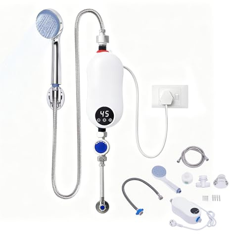 RAVIXIA Elektrischer Durchlauferhitzer, 5500W 220V Mini Dusche Warmwasserbereiter mit Duschkopf für Küche Bad, Tragbarer Niederdruck Dusche Warmwasserbereiter mit LED-Anzeige (Badezimmerset)