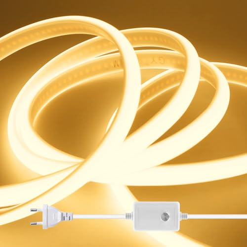 HEGEHE Dimmbar 230V Neon LED Streifen, 288LEDs/m Superhell Hohe Dichte IP65 Wasserdicht Diffusion Flex COB LED Lichtleisten Schlauch, Alle 50cm Schneidbar (Warmweiß,20M)