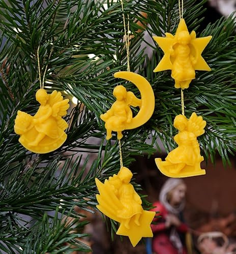 tea4chill Christbaumschmuck, Weihnachtsdekoration, Weihnachtsbaum-Anhänger 5-er Set aus 100% Bienenwachs, Engel in Stern, Schlitten, Mond, Schaukelpferd, Geschenk für Weihnachten