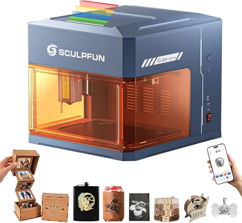 SCULPFUN iCube Ultra 12 W Machine de gravure laser, découpeuse et graveuse laser portable avec filtre à fumée, entièrement fermée, mise au point automatique, gravure pour bricolage bois métal