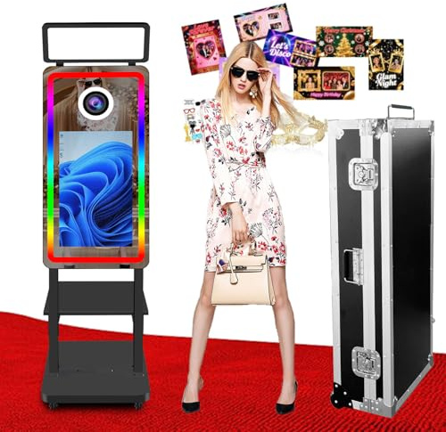 Magic Mirror Tragbare Fotobox mit 21,5 Touchscreen, Einstellbarer Beleuchtung, Sofortdruck, Foto-Spiegel-Kabine für Partys, Weihnachten, Hochzeiten (Black, Photo Booth)