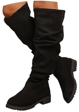 KBOPLEMQ Botas para mujer planas de ante sin cordones elegantes de caña larga punta redonda botas altas de invierno otoño invierno de color sólido botas bajas para mujer elegantes cómodas botas hasta