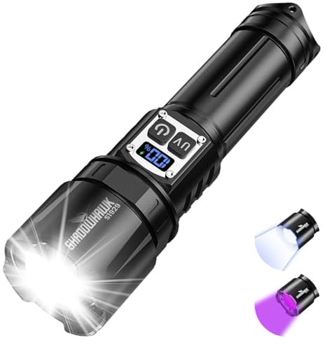 Shadowhawk 2-IN-1 Taschenlampe LED Aufladbar mit UV Schwarzlicht | Extrem Hell 1000000 Lumen, 2 Schalter & Stufenlos Dimmbare Taktische Taschenlampen, Zoombar Handlampe für Outdoor, Notfäll