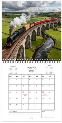 Wandkalender mit Dampfzug 2026 | Großformatiger Jahreskalender mit Fotos | illustrierter Monatskalender | für Wohnzimmer, Büro, Arbeitszimmer, Klassenzimmer, leidenschaftliche Eisenbahnen