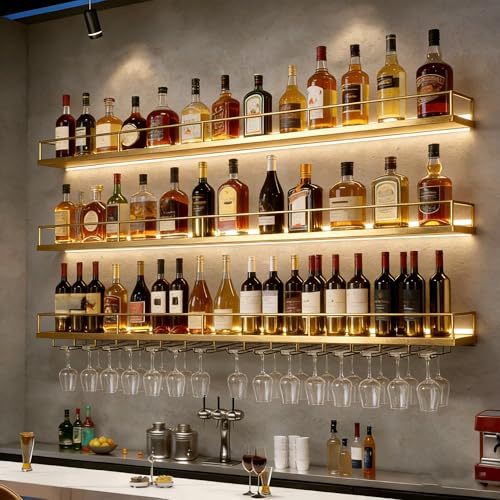 Portabottiglie da parete in metallo moderno, espositore vino a 3 ripiani con portabicchieri integrato e illuminazione LED, porta vino per angolo bar domestico, cucina e sala da pranzo (Oro, 120CM)