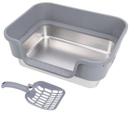 Xiuganpo Cat Litter Box, Stainless Steel Top Entry Cat Toilet with Scoop, 16.93x13.39x6.69in, High Side Spill Proof Semi Enclosed Litter Box for Kitty Kitten Rabbits (Dark Grey)