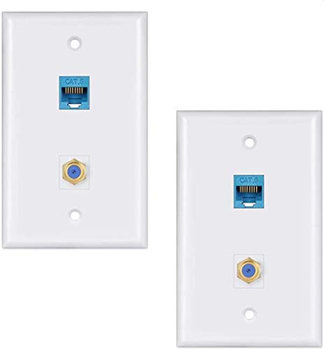 Ethernet Coax Wall Plate 2Pack,1 Cat6 Ethernet Port and 1 Gold-Plated Cable TV Coax F Type Port Wall Plate (White)