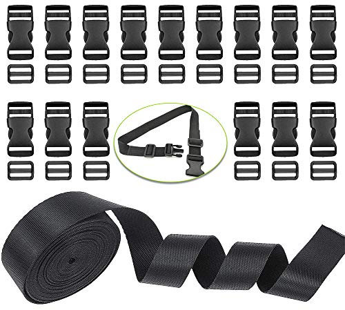 XCOZU Confezione da 15 cinghie con fibbia in plastica da 25 mm e fibbia laterale, 1 rotolo da 5 onde in nylon nero da 25 mm, fibbia a sgancio rapido per zaino fai da te riparazione, Nero, Taglia