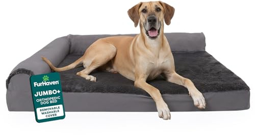 Furhaven Orthopedic Dog Bed for Large Dogs w/ Removable Bolsters & Washable Cover, For Dogs Up to 125 lbs - Plush & Velvet L Shaped Chaise - Platinum Gray, Jumbo Plus/XXL