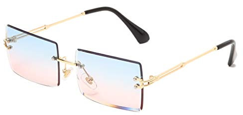 Long Keeper Sonnenbrille Damen Vintage 90s Retro Rechteckig Sonnenbrille Randlos Für Damen Herren Mit Uv Schutz (Blau Rosa)
