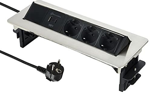 Electraline 62570 Versenkbar / Tischsteckdosenleiste / Tischsteckdose 3-fach Steckdose (2 USB 3.1A: 1 type A + 1 type C) 15.5W 2m Kabel, Einbausteckdose für Arbeitsplatte Mehrfachsteckdose In-Desk 45