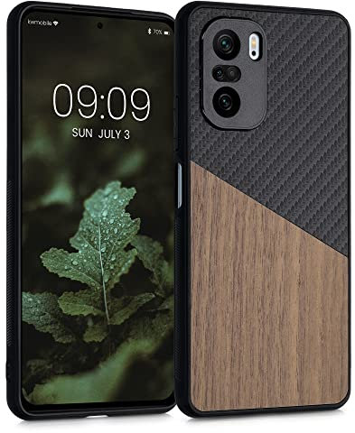 kwmobile Case Compatible with Xiaomi Mi 11i / Poco F3 - Hard Phone Cover with TPU Bumper and Wood/Carbon Back - Dark Brown