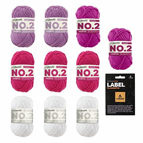 myboshi Einhorn Wollpaket, No.2 Wolle in Rosatönen, mit original Label, all-in-one-Paket, 10 Knäuel x 50g, Lauflänge 100m, zum Häkeln oder Stricken, Babywolle Einhorn, 10 Knäuel