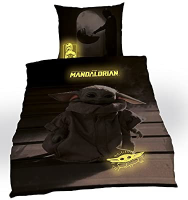 Tex Idea Star Wars Mandalorian The Child Bettwäsche glatt Glow IN The Dark - LEUCHTET IM Dunkeln NEU Wow - All-In-One-Outlet-24 - (155 x 220 cm)