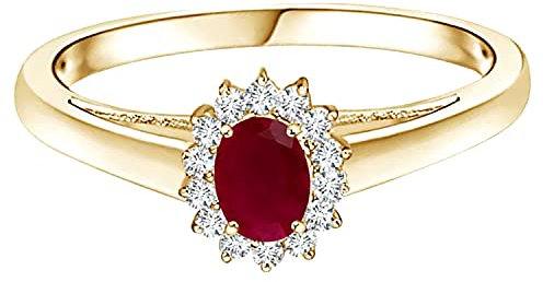 MOONEYE Von Prinzessin Diana inspirierter 6 x 4 mm ovaler roter Rubin-Edelstein 925er Sterlingsilber-Solitär-Akzentring (Gold-Vermeil, 16.5)