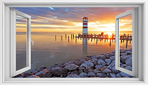 islandburner Bild auf Leinwand Fensterblick Sonnenuntergang am Ozean mit Leuchtturm Sagenhafter Effekt Wandbild Leinwandbild XCOC
