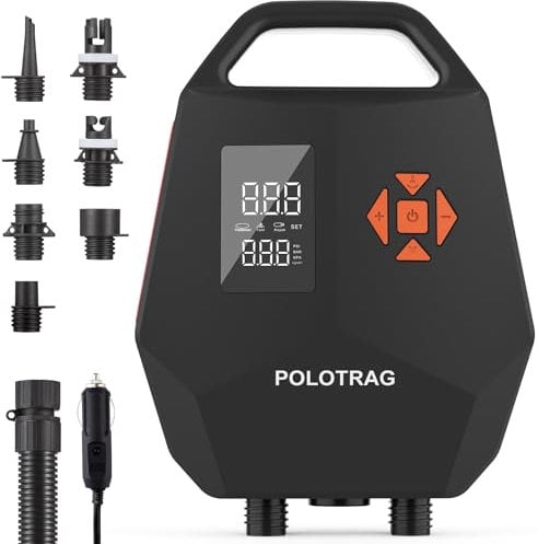 Polotrag Paddle Board Pump Electric SUP Pump Portable with Auto Off/Deflation Dual Stage 12V DC Car Connector Air Pump for Inflatables Kayak and Air Mattress Orange