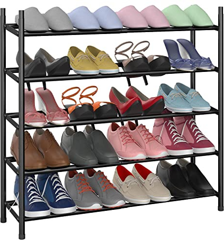 Vinsani 5 Tier Minimalist Shoe Rack Extendable Adjustable Metal Organiser Open Storage Stand Holds 20 Pairs of Shoes Heavy Duty Storage Unit Easy Assembly – Black