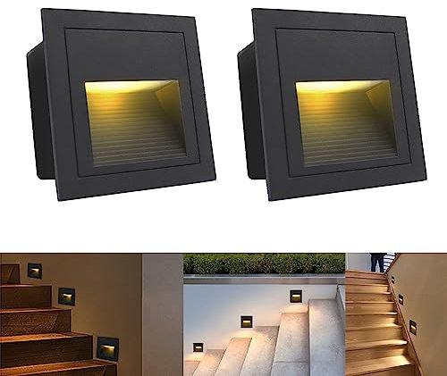 Arotelicht 2er Set 3W LED Wandeinbauleuchte LED Treppenlicht Warmweiß 3000K Wandleuchte Stufenlicht Beleuchtung Lampe Alu 230V IP65 wasserdicht, eckig, Schwarz Gehäuse für Garten, Terrasse, Treppen
