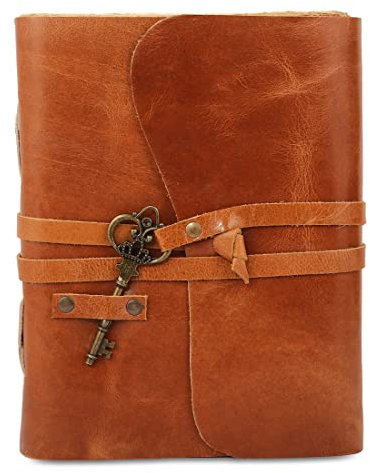 Leder-Tagebuch mit liniertem Büttenrandpapier 20,3 x 15,2 cm und Vintage-Schlüssel/handgefertigtes Schreib-Notizbuch/gebundener täglicher Notizblock für Männer und Frauen (8 x 6, Tan)