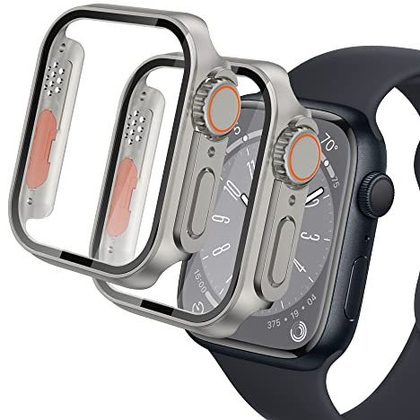 Seltureone 2 Stück Hülle für Apple Watch Series 9/8/7 45mm Schutzhülle, Kreatives Design Hart PC Schutzhülle für Apple Watch 44mm 45mm Glas Displayschutz - Titan