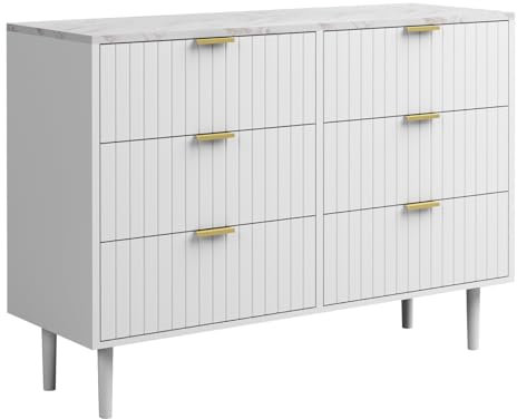 UEV Commode Chambre 6 Tiroirs, Plafond Couleur Marbré, Meuble de Rangement, Chambre/Salon 100 x 34 x 73cm, Meuble Tiroir Rangement, Scandinave, Blanc (Plafond Marbré)