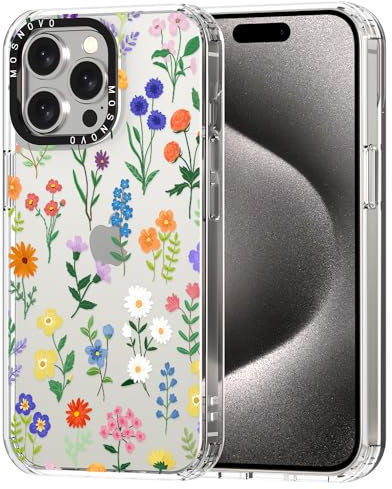 MOSNOVO Case for iPhone 15 Pro Max, [Buffertech 6.6ft Military-Grade Drop Protection] [Anti Peel Off Tech] Clear TPU Bumper Phone Case Cover Design - Botanical Floral