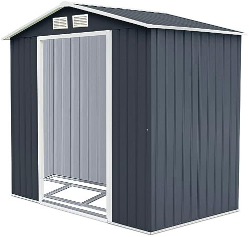 COSTWAY 7x4FT/8x6FT/8.5x7FT/9x6FT Galvanized Metal Garden Shed, Outdoor Lockable Tool Storage House with Foundation, Ramp, Vents & Sliding Door, Weatherproof Storage Shed Box (7x4FT, Dark Grey)