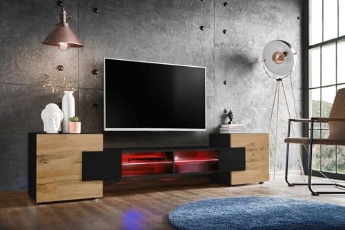 Komodee, Merano Bank TV Schrank, Schwarz Schwarz Wotan, LED RGB, Breite 230 cm x Höhe 52,5 cm x Tiefe 35 cm, für Wohnzimmer, Schlafzimmer