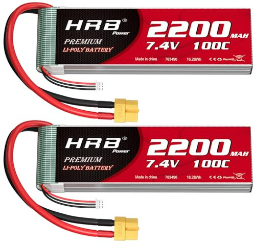 HRB 2pc 2200mAh 7.4V 2S 100C LiPo Akku Pack mit XT60 Stecker Kompatibel mit Rc Traxxas 1/16 E-Revo VXL Summit Slash Losi 1/14 Mini 8ight und Rc Cars
