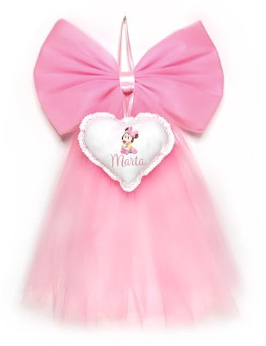 Crociedelizie, fiocco nascita bimba in tulle rosa disegno nome personalizzato elegante semplice coccarda fuori porta cuore