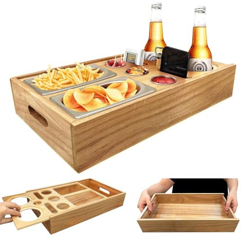 Surmounty Couch Bar Holz Snack Organizer Tablett, Snackbox mit Fächern Getränkehalter, Sofa Bar Snackteller mit Abnehmbarer Deckel