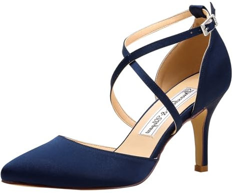 Duosheng & Elegant HC1901 Women's High Heel Court Cross Pointed Toe Navy Blue Strap Pump Shoes Satin Wedding Party Bridal Shoes 5 UK