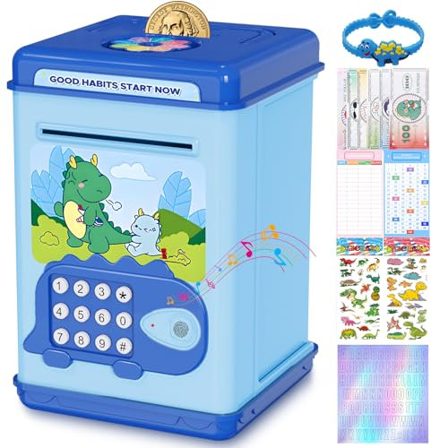 TCJJ Sparschwein für Kinder,Tresor Spardose Junge mit Passwort & Fingerabdruck-Entsperrung, 4 Aufkleber & Dinosaurier-Armband & Bargeldbuch, für Junge-Geschenke zum Geburtstag, Weihnachten. ﻿