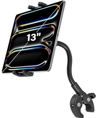 Dosvsi Spin Bike Tablet Holder, Matal Gooseneck Treadmill Tablet Mount, Anti-Shake Treadmill Tablet Mount, Stationary Elliptical Handlebar Clamp for iPad Mini Air, Tab, Z Fold, iPhone, 4-12.9 Devices