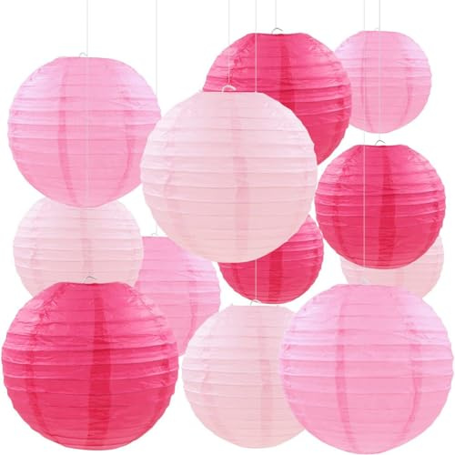 CC wonderland zone 12pcs Pink Hanging Paper Lanterns,Round Paper Lanterns for Baby Shower Wedding Valentine's Day Engagement Birthday Party Decorations