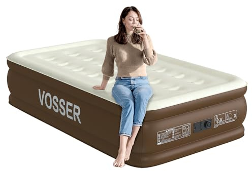 VOSSER - Single Air Mattress with Built-in Pump, Portable Airbed for Camping, Home and Guests, Soft Top Inflatable Mattress, Waterproof Airbed with Bag