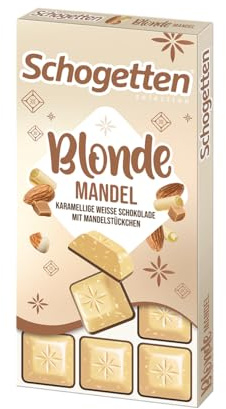 Schogetten Blonde Mandel I 100 g Tafel I praktisch einzeln portioniert | karamellige weiße Schokolade mit Mandelstücken