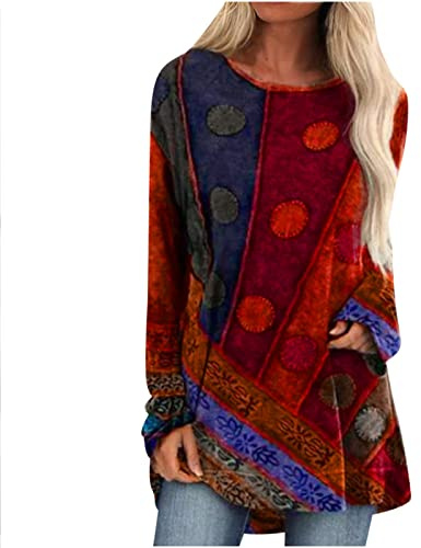 Tops for Women UK Long Sleeve Round Neck Shirts Casual Ethnic Floral Tunic Sweatshirts Hippie Cute Tunics T-Shirts Ethnic Style Boho Dressy Tees Pullover Winter Outfits