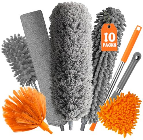 GIBOHOM 10 Piezas Plumero Telescopico Extensible, Microfibra Lavable Plumero Atrapapolvo Longitud 27-255 CM, Reutilizable Plumero con Palo Telescopico para Techo, Persianas, Muebles, Telarañas