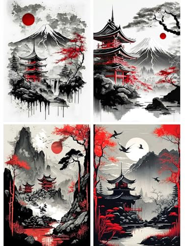 SHEGZHUC 4 Pack Diamond Painting Japanische Landschaft 30x40cm Rote Landschaft Mond Dachboden Berg Fuji Mosaik Diamant Malerei Kunst Stickerei Kreuzstich Bilder Geschenk Wanddekoration