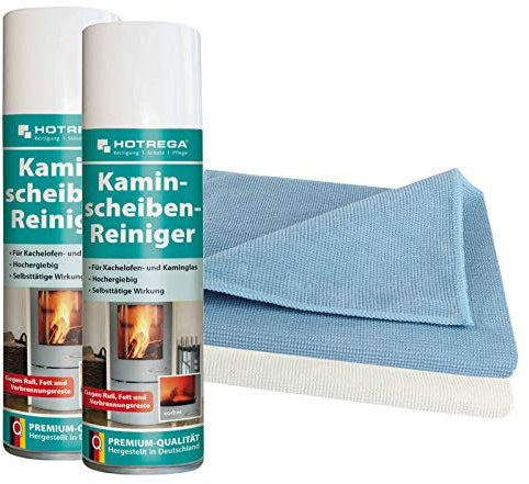 HOTREGA Kaminscheibenreiniger 2x 300ml | Selbsttägiger Kaminglasreiniger | Löst Ruß, Rauchharz & Fett selbsttätig | inkl. 2x Microfasertuch