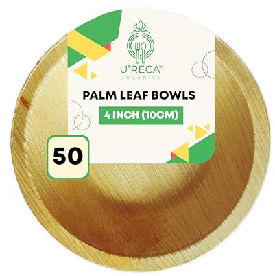 U'reca Organics Lot de 50 bols en feuille de palmier respectueux de l'environnement | Bol rond de 10,2 cm (10 cm) | Vaisselle jetable, compostable et biodégradable | Parfait pour les sauces, les