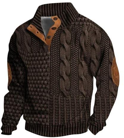 Faux Men's Jumpers Turtle Neck Jumper Henry Collar Knitted Jumper With Elbow Patches Cable Knit Sweater Stand Up Collar Pullover Jumpers Long Sleeve Button Sweater High Neck Winter Pullover Knitwear