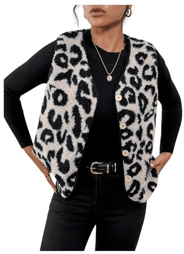 GORGLITTER Ärmellose Teddy Weste Damen Leicht Mit Knöpfen Leoprint Farbblock Jacke