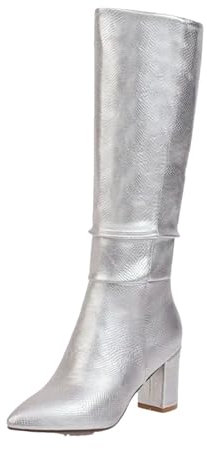 Stivali alti da donna con tacco alto, per autunno e inverno, con tacco quadrato, stivali alti al ginocchio, Argento, 43 EU