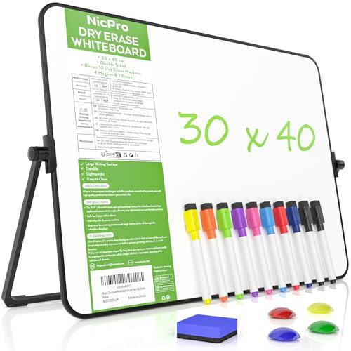 Nicpro Tableau blanc effaçable à sec A3 avec support, 30 x 40 cm, double face, tableau blanc magnétique de bureau avec 10 stylos, 4 aimants, gomme, chevalet d'écriture portable pour enfants, dessin