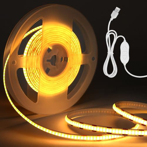 HOTUT Tira LED, 2M Tira de LED COB USB 5V, Blanco Cálido 3000K, Tira Luz LED Regulable con Interruptor, LED Neon Flexible con Cable de Alimentación, Tira de LED Cocina Lights para Decoración Fiesta