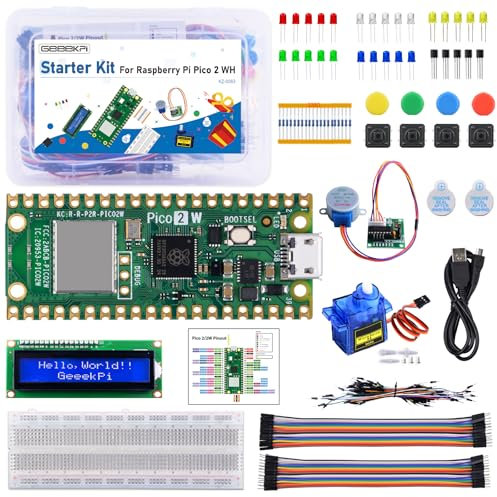 GeeekPi Kit de inicio para Raspberry Pi Pico de 2 W (incluido), brazo dual Cortex-M33 y microcontrolador RISC-V Dual Hazard3, con tutorial detallado, 159 elementos, 9 proyectos, código Python C