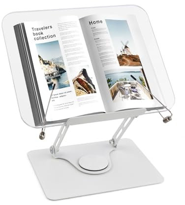 Support de Livre pour la Lecture, Repose Livre avec Base Pivotante à 360° et Clips, 4,4-39 cm Réglable Pupitre de Lecture en Acrylique, Pliable Lutrin de Lecture Porte Livre pour Recettes Tablettes
